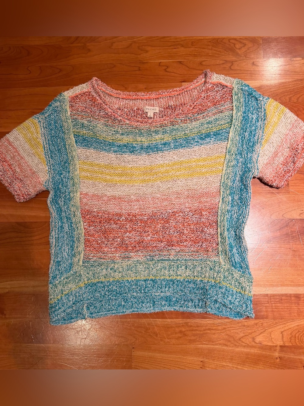 Anthropologie Pilcro Pastel Rainbow Striped Beach Sweater Tee Boxy Small Boho